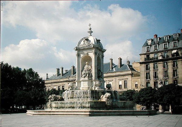 Widok na Fontaine des Quatre-Eveques, Place Saint-Sulpice, wybudowany w 1844 r. autorstwa Louis or Ludovico Visconti