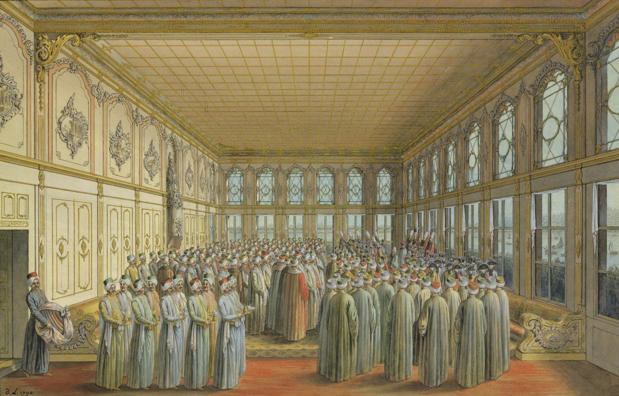 Przyjęcie Ambasadora przez Wielkiego Wezyra w Pałacu Topkapi, Konstantynopol, 1790 (toaleta i kolor nadwozia z kredą, długopisem i tuszem na papierze) autorstwa Louis Nicolas de Lespinasse