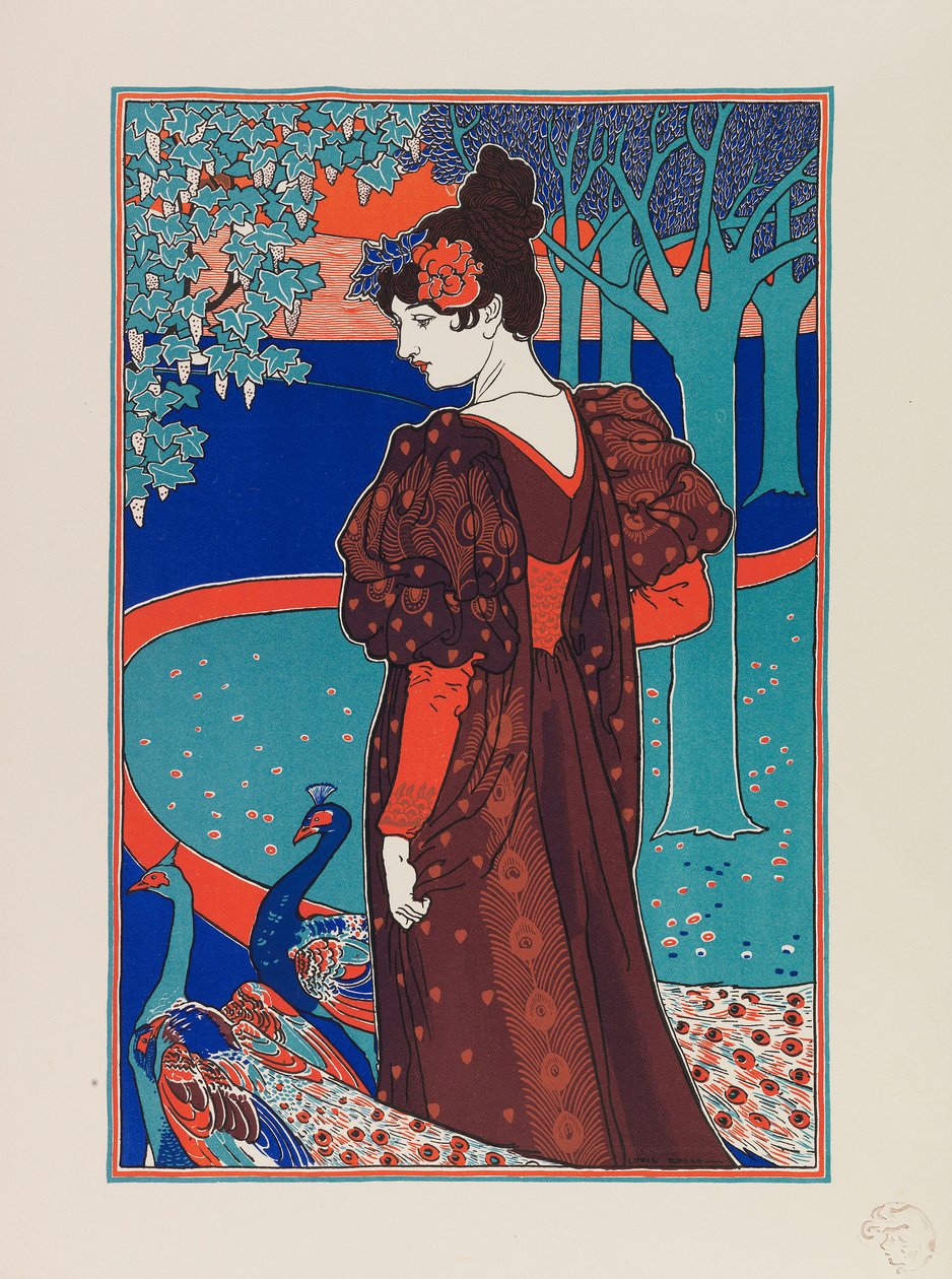 Kobieta z pawiami, ok. 1897 r. autorstwa Louis John Rhead