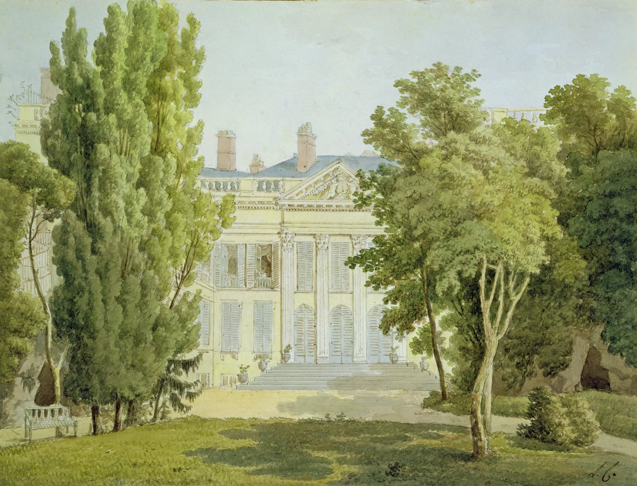 Widok Maison de la Reine, Paryż, 1811 (czarna kreda i toaleta na papierze) autorstwa Louise Cochelet