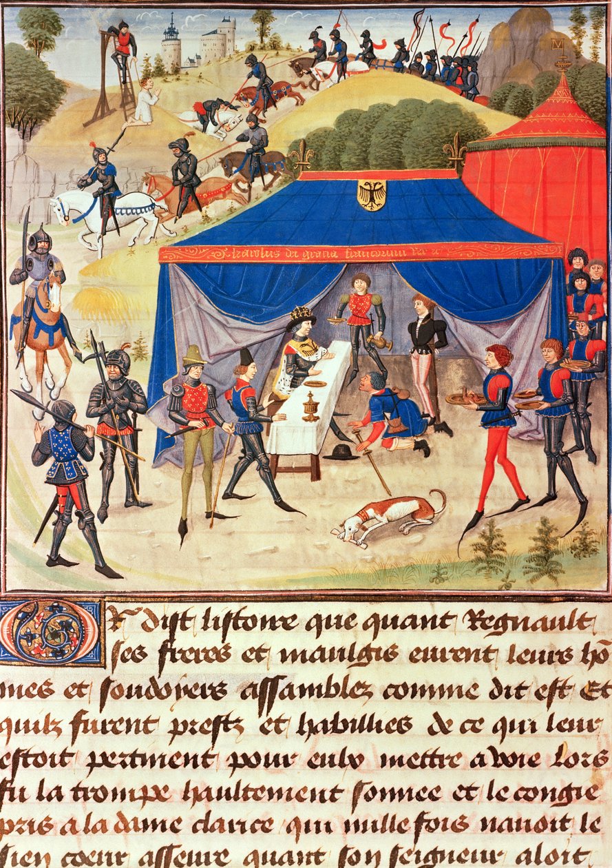 Ms 5073 fol.253v Renaud de Montauban and Charlemagne (742-814), from the Renaud de Montauban cycle  autorstwa Loyset Liedet