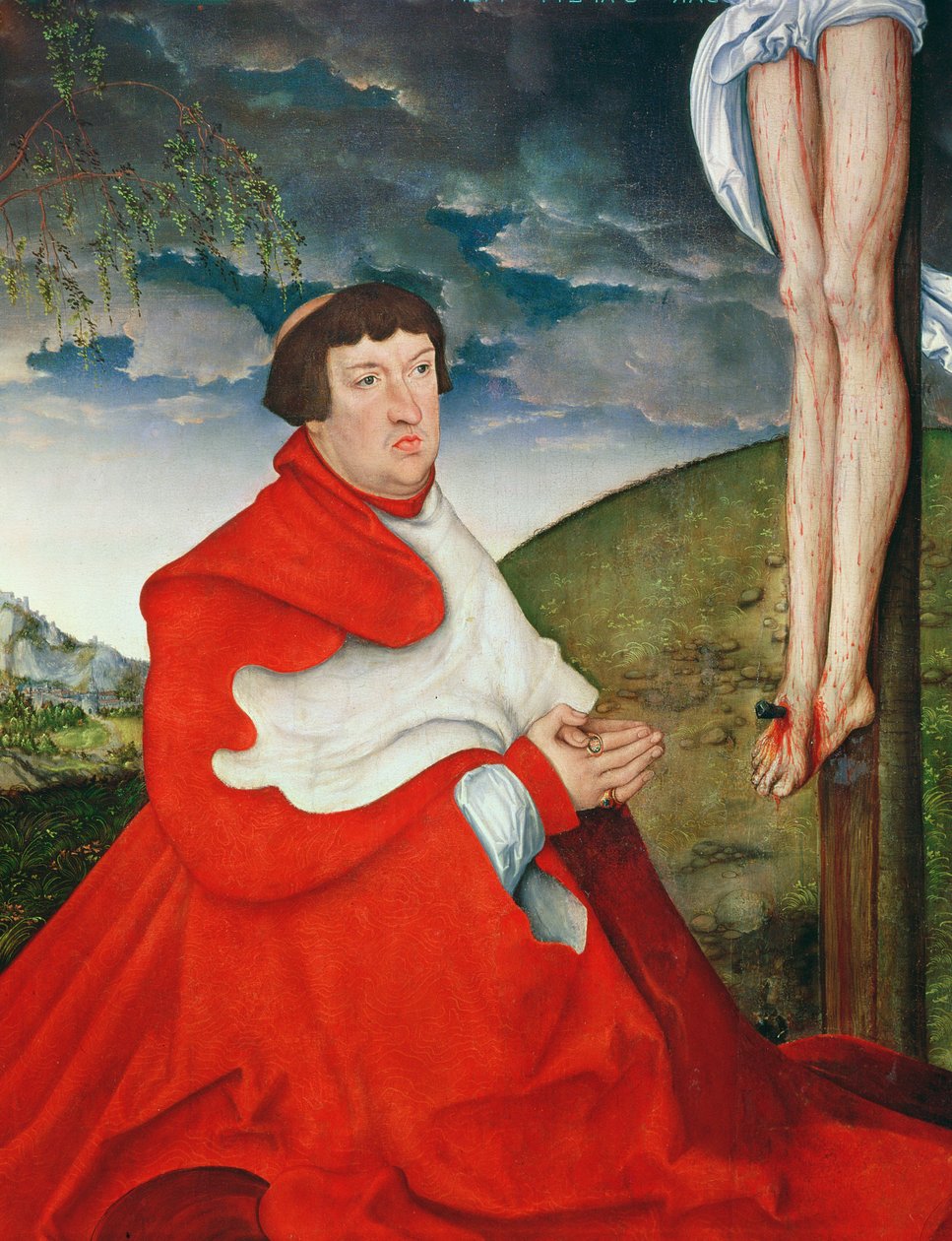 Albert, kardynał-elektor Moguncji u stóp krzyża (detal z 244970) autorstwa Lucas Cranach the Elder