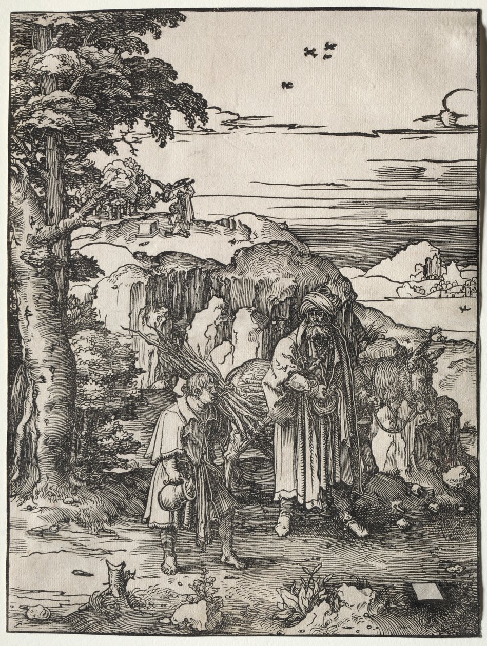 Abraham idący w ofierze Izaaka, 1517-1519. autorstwa Lucas van Leyden