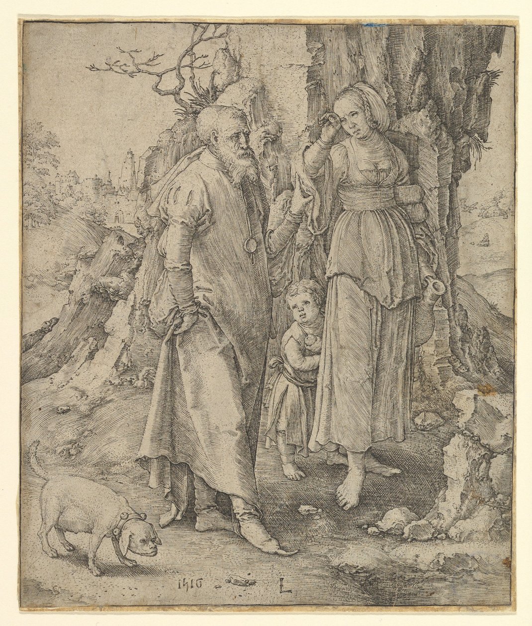 Abraham odprawia Hagar, 1516. autorstwa Lucas van Leyden