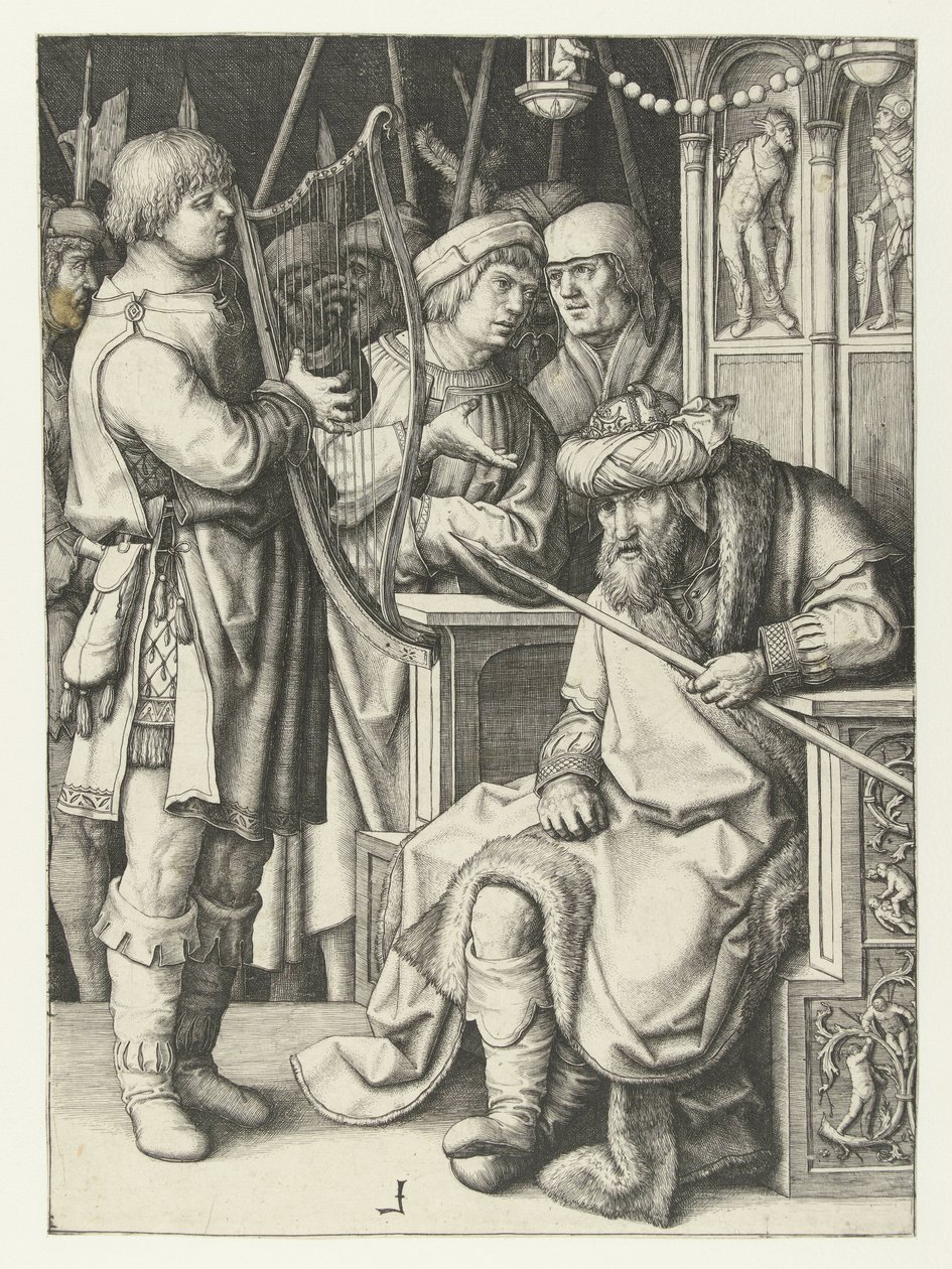 Dawid gra na harfie dla Saula autorstwa Lucas van Leyden