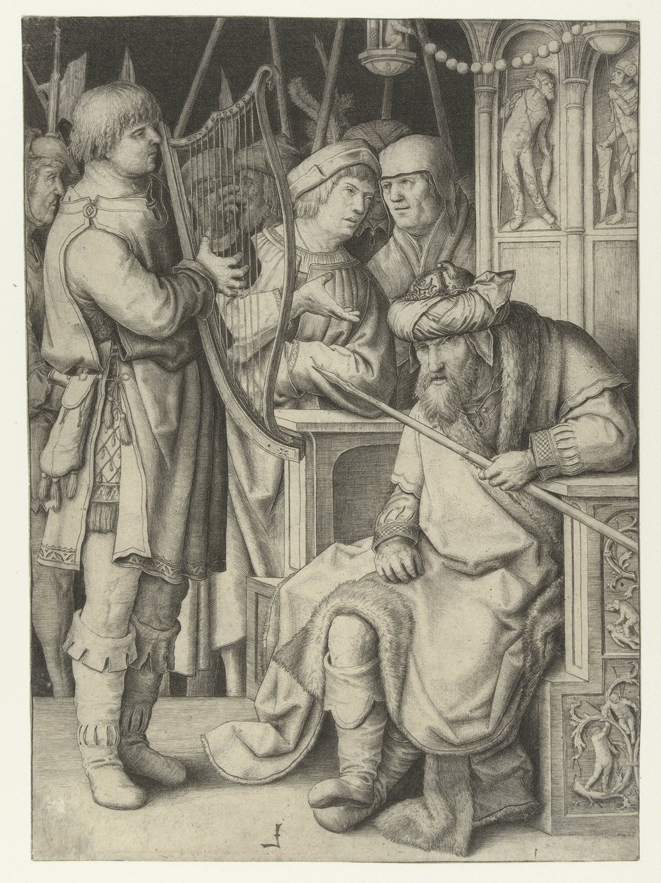 Dawid gra na harfie dla Saula autorstwa Lucas van Leyden