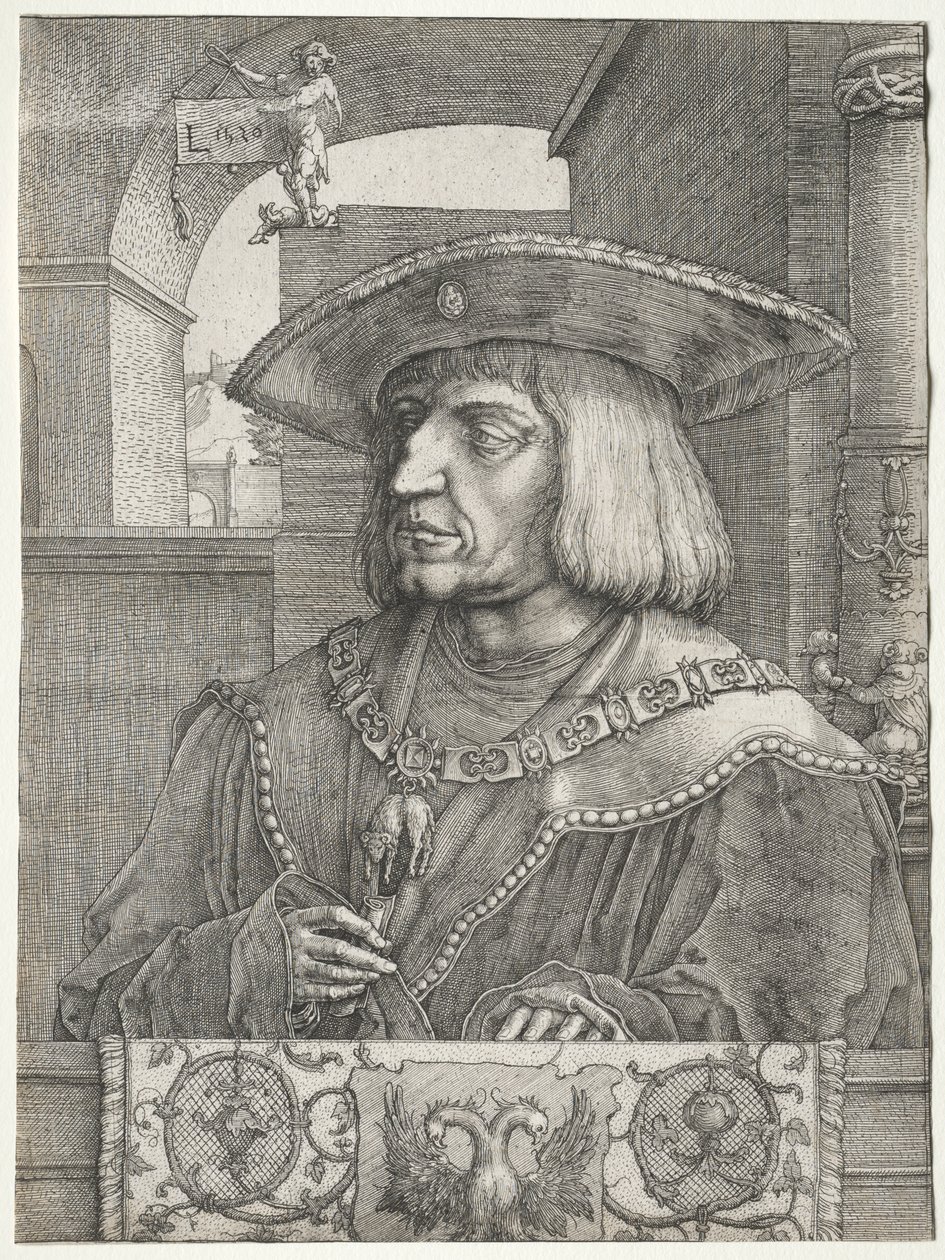 Cesarz Maksymilian I, 1520. autorstwa Lucas van Leyden