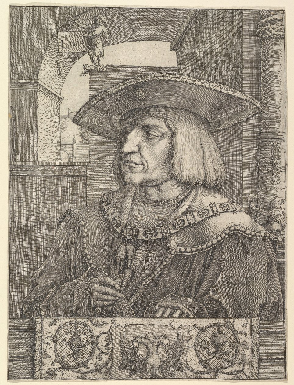 Cesarz Maksymilian I, 1520. autorstwa Lucas van Leyden