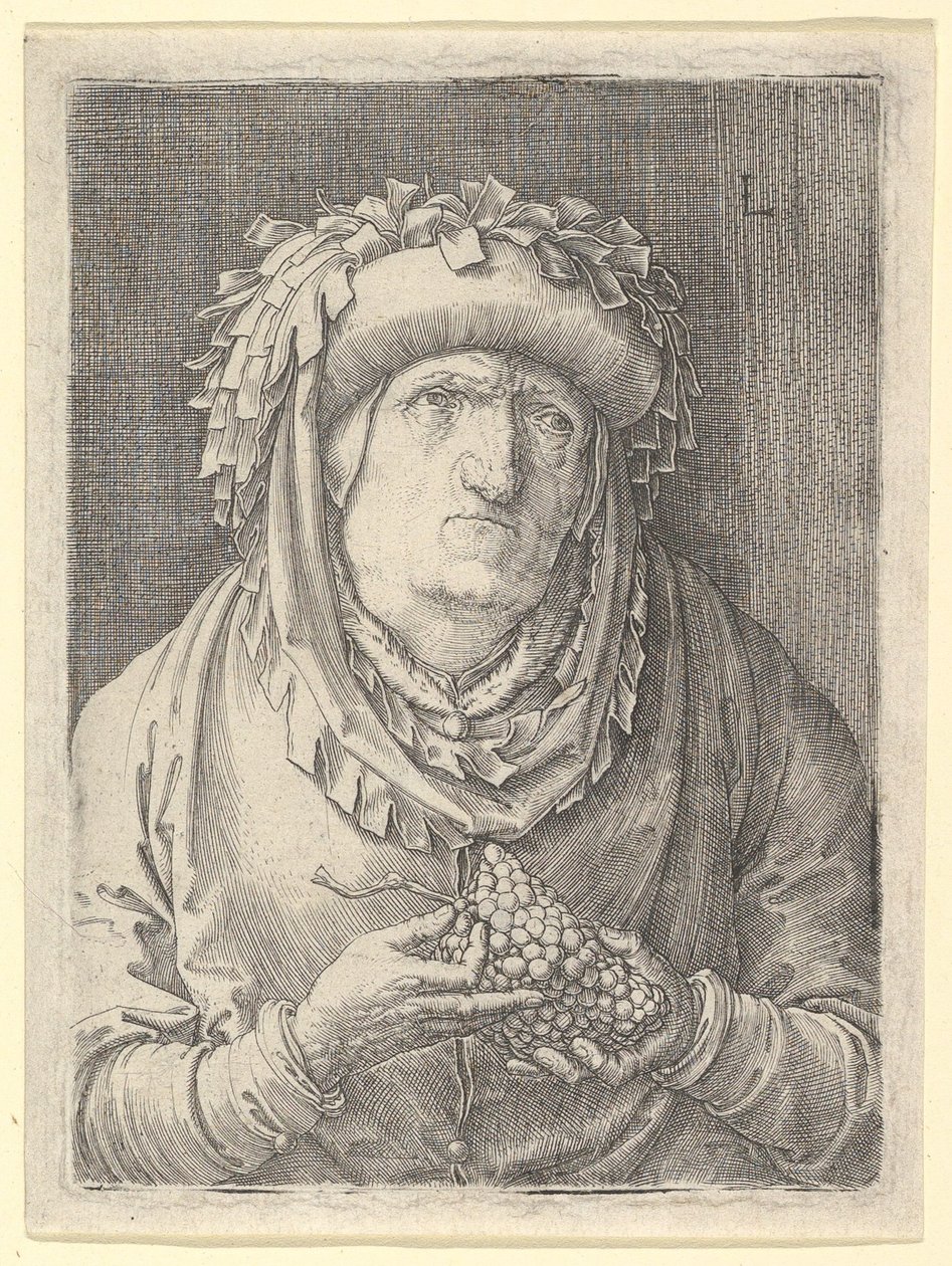 Stara kobieta z winogronami, ca. 1523. autorstwa Lucas van Leyden