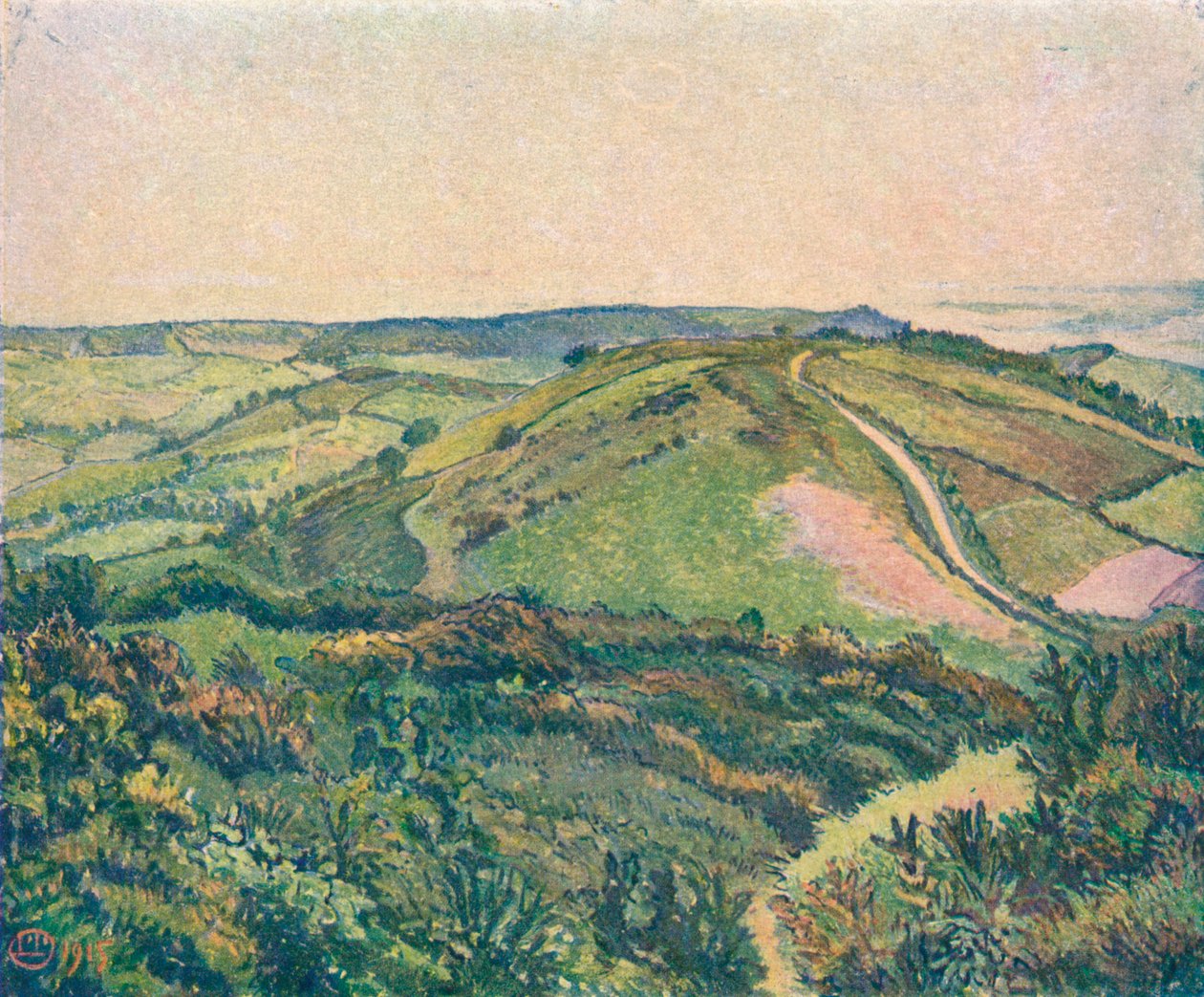 Widok ze wzgórza, staw rybny, ok. 1913 r. autorstwa Lucien Pissaro