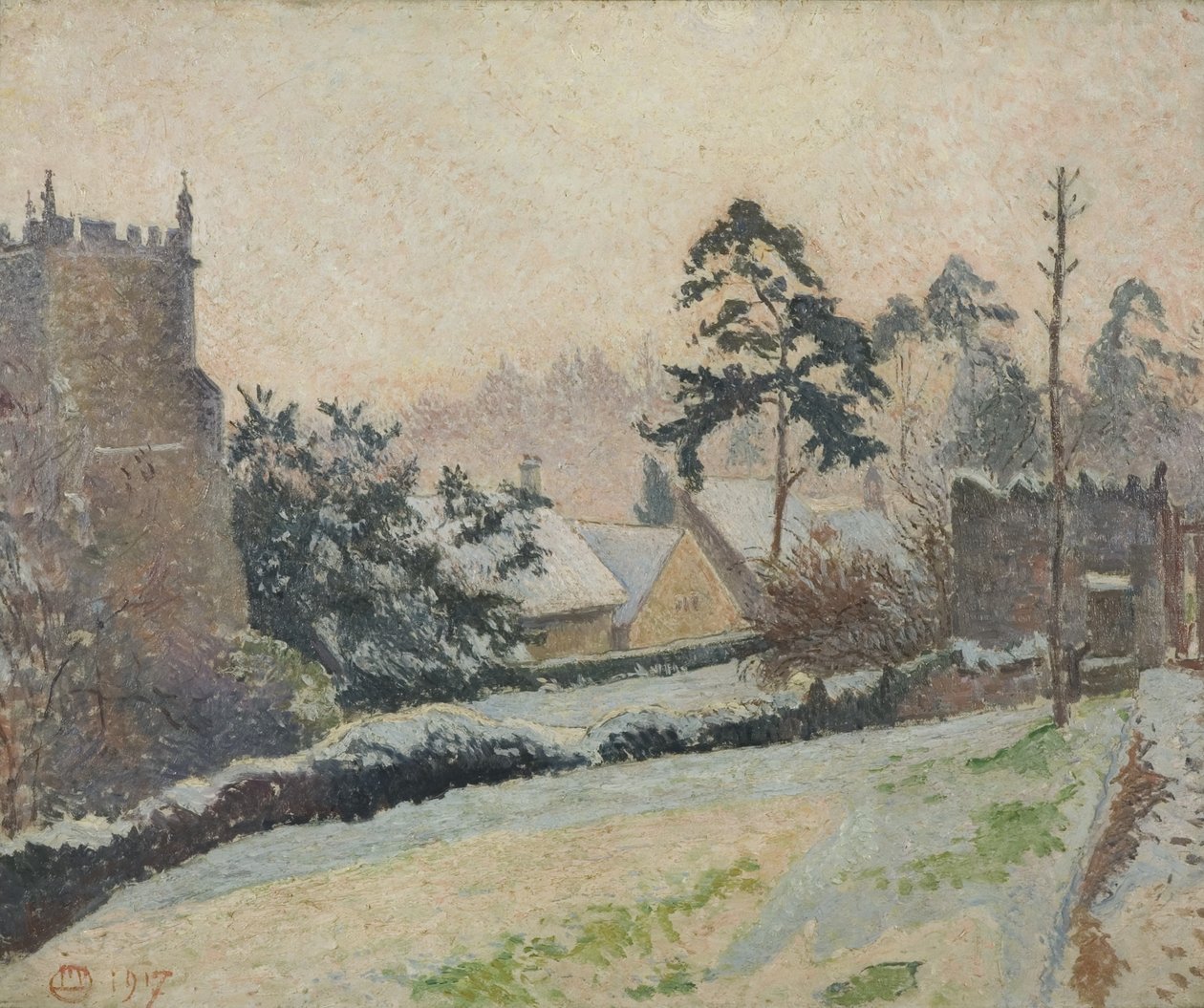 Śnieżna scena w East Knoyle, Wiltshire, Anglia autorstwa Lucien Pissarro