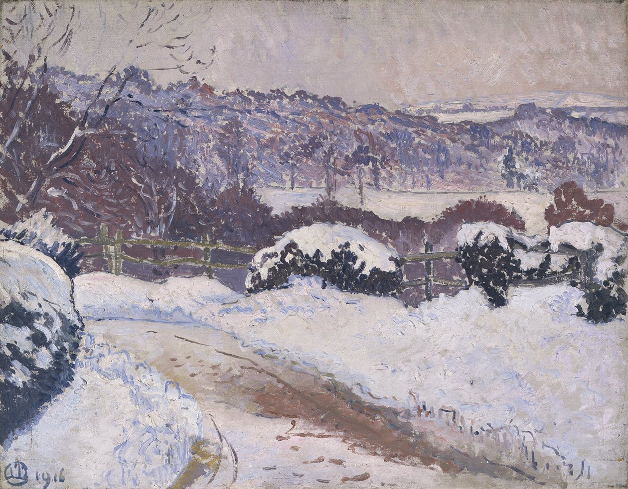 Dorking Road, Coldharbour, w śniegu autorstwa Lucien Pissarro