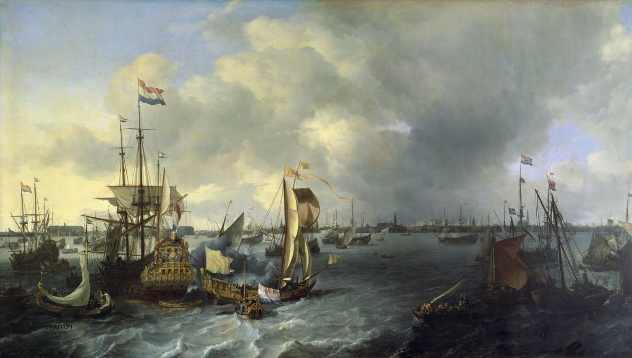 Port w Amsterdamie, widok na Ij, 1666 autorstwa Ludolf Backhuysen