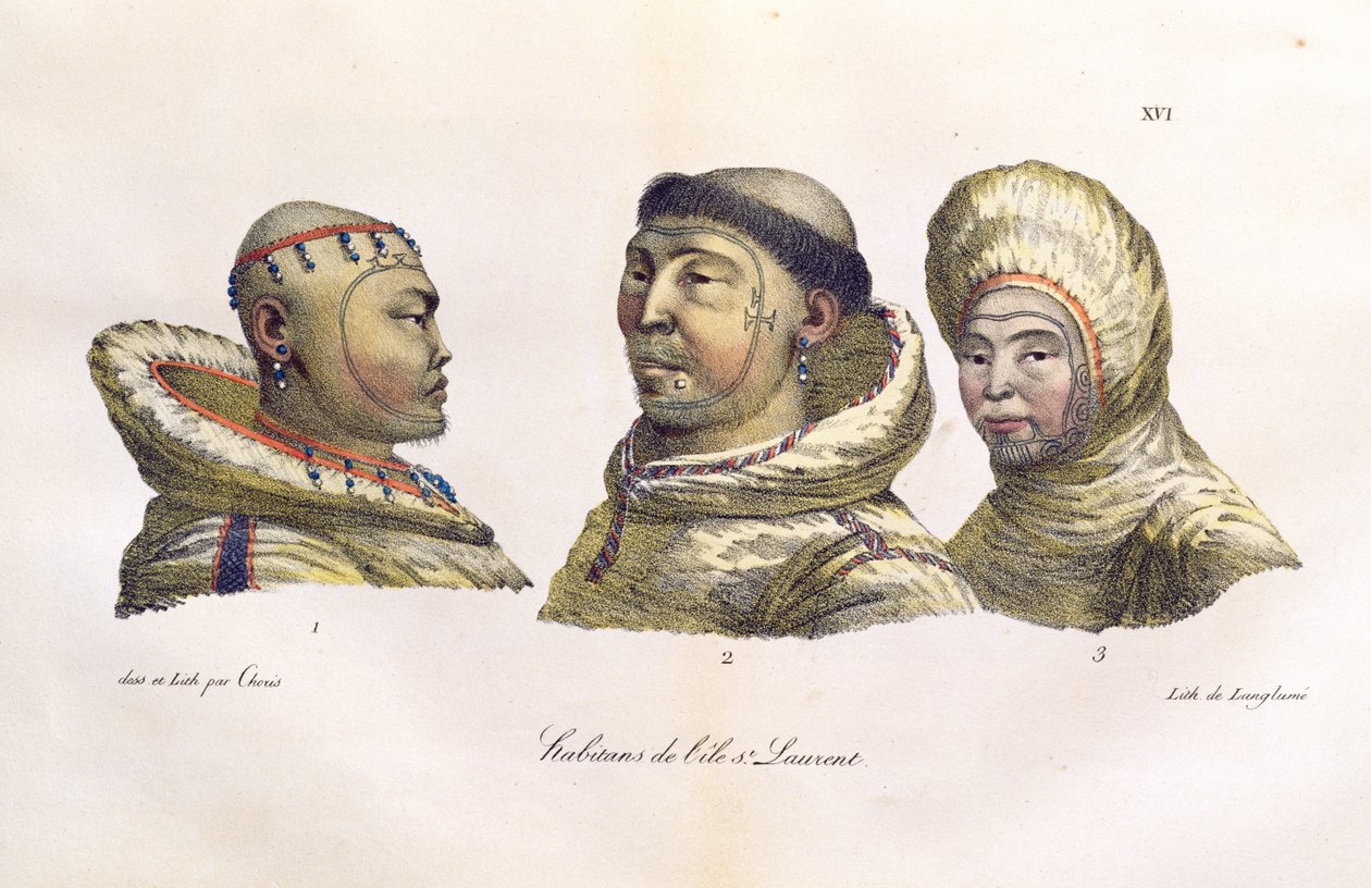 Mieszkańcy Wysp Świętego Wawrzyńca na Alasce z „Voyage Pittoresque Autour du Monde”, opublikowanej w 1822 r. autorstwa Ludwig Choris