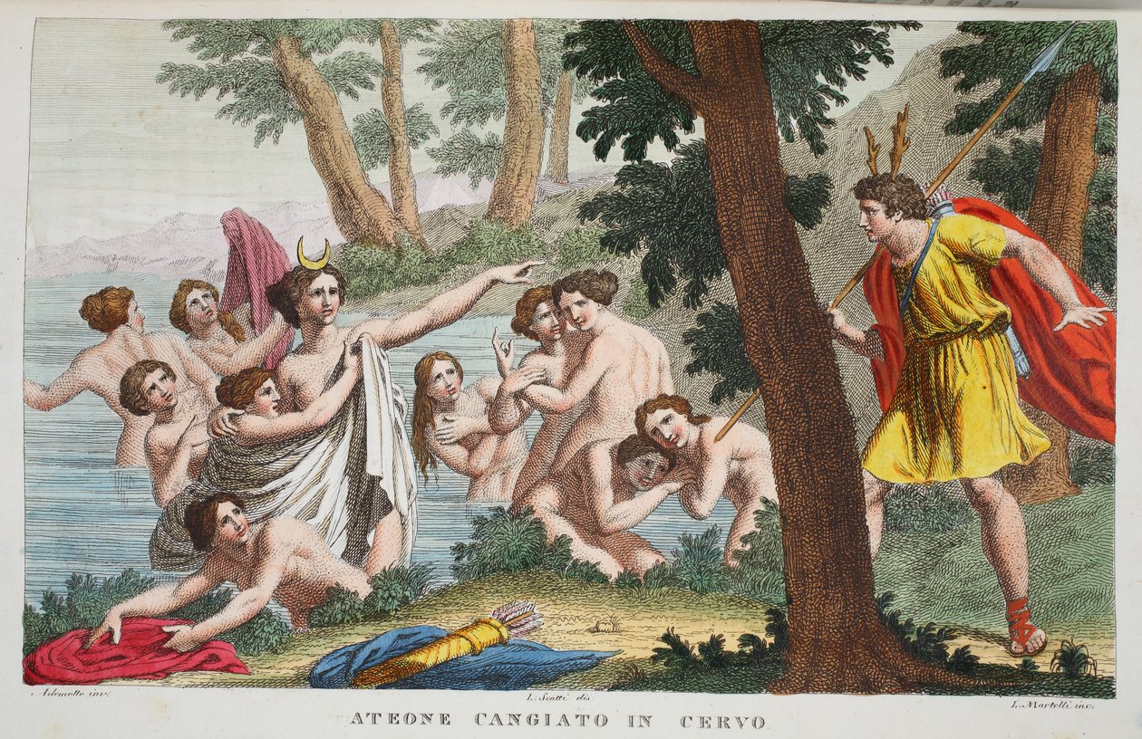 Akteon w jelenia lub Ateone Cangiato in Cervo, ilustracja z Metamorfoz Owidiusza, Florencja, 1832 (rycina ręcznie kolorowana) autorstwa Luigi Ademollo