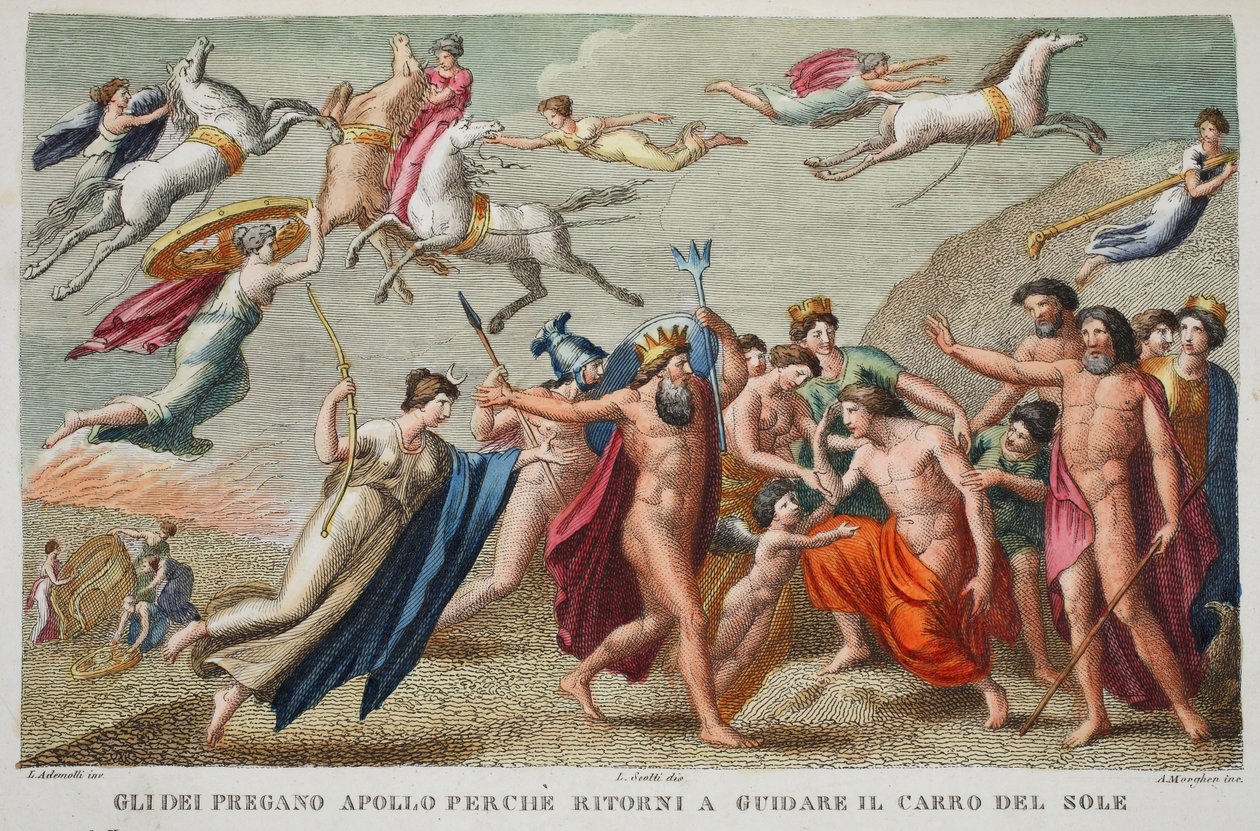 Niezadowolony Apollo odmawia prowadzenia pojazdu lub Gli Dei Oregano Apollo Perche powraca, by prowadzić rydwan słońca, ilustracja z Metamorfoz Owidiusza, Florencja, 1832 (ręcznie kolorowana grawerunek) autorstwa Luigi Ademollo