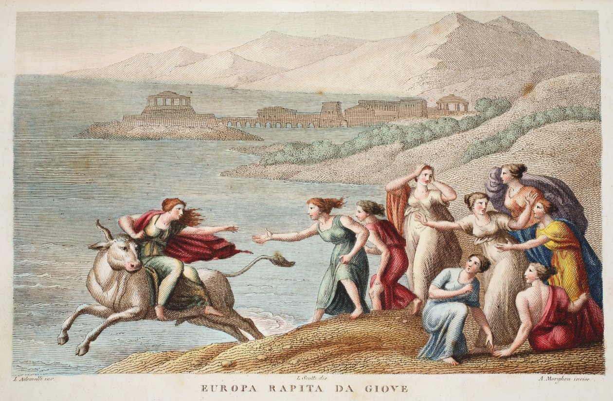 Europa lub Europa Rapita da Giove, ilustracja z Metamorfoz Owidiusza, Florencja, 1832 (rycina ręcznie kolorowana) autorstwa Luigi Ademollo