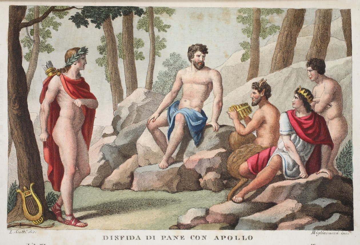 Pan i Apollo lub Dinfida di Pane con Apollo, Księga XI, ilustracja z Metamorfoz Owidiusza, Florencja, 1832 (rycina ręcznie kolorowana) autorstwa Luigi Ademollo