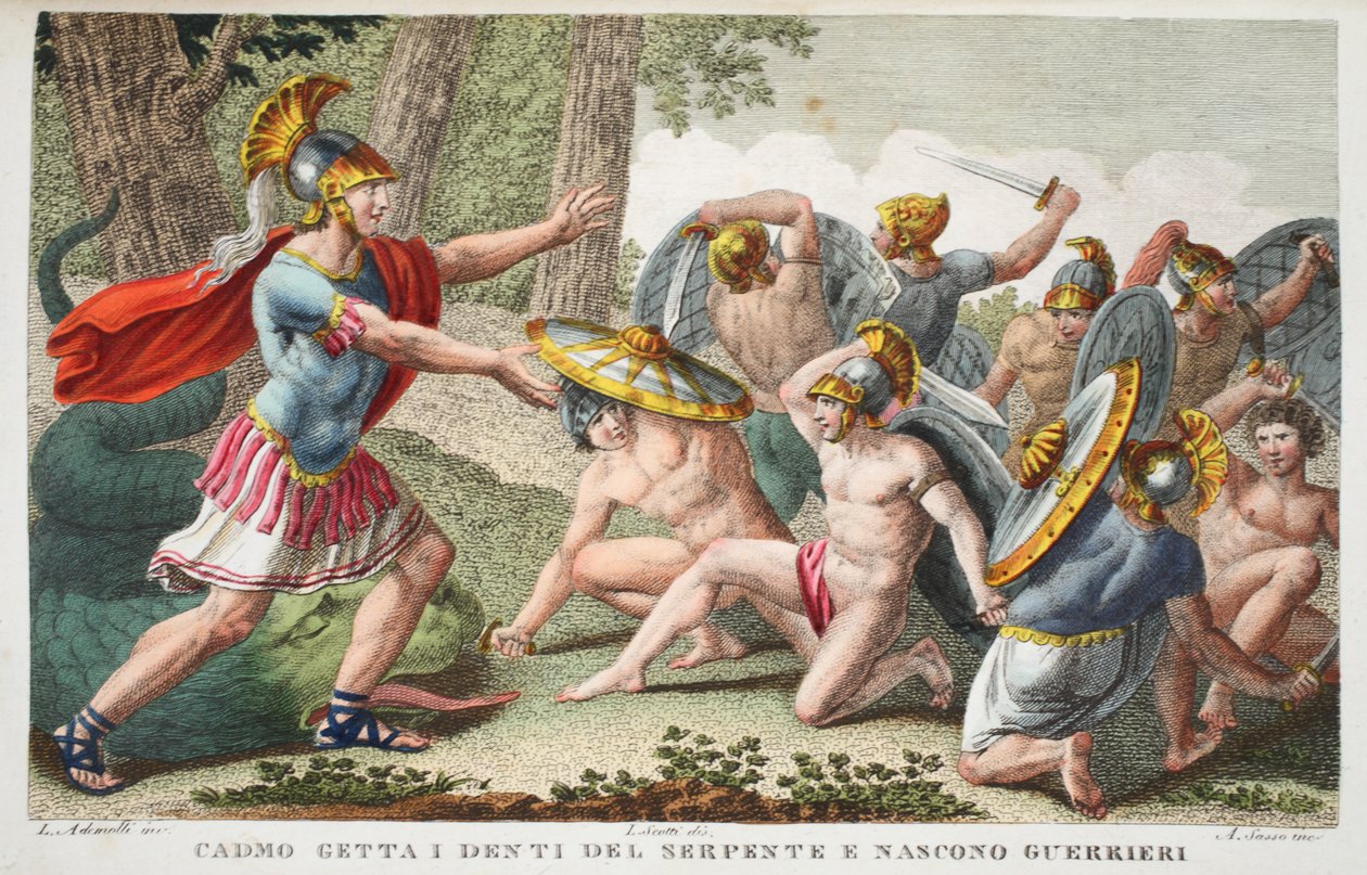 Żołnierze wyrastają z zębów węża lub Cadmo getta I denti del serpente e nascono Guerrieri, ilustracja z Metamorfoz Owidiusza, Florencja, 1832 (rycina ręcznie kolorowana) autorstwa Luigi Ademollo