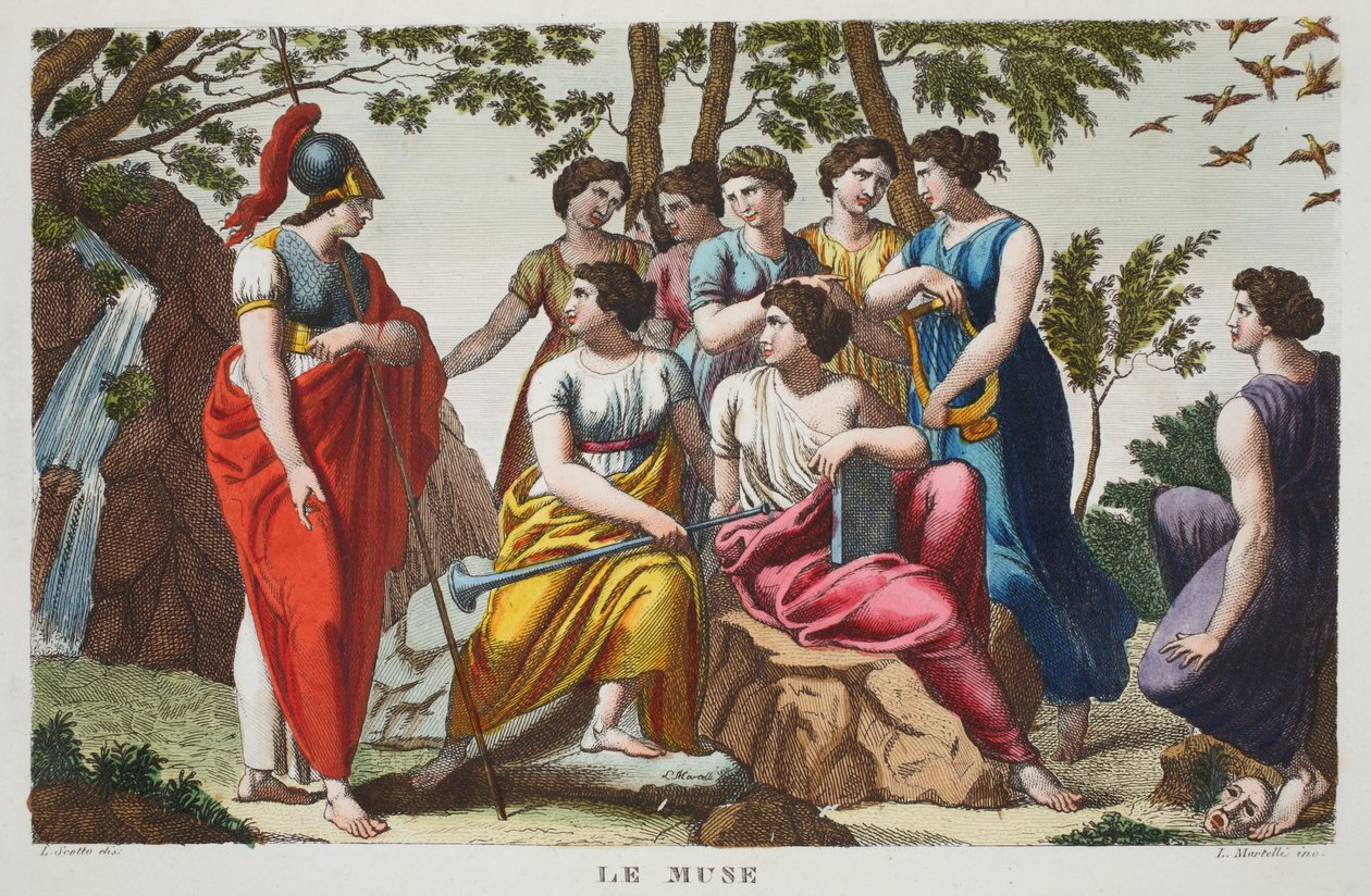 Muzy lub Le Muse, księga V, ilustracja z Metamorfoz Owidiusza, Florencja, 1832 (rycina ręcznie kolorowana) autorstwa Luigi Ademollo