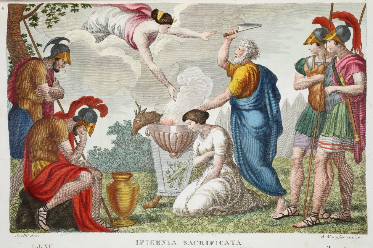 Ofiara Ifigenia lub Ifigenia Sacrificata, księga XII, ilustracja z Metamorfoz Owidiusza, Florencja, 1832 (rycina ręcznie kolorowana) autorstwa Luigi Ademollo