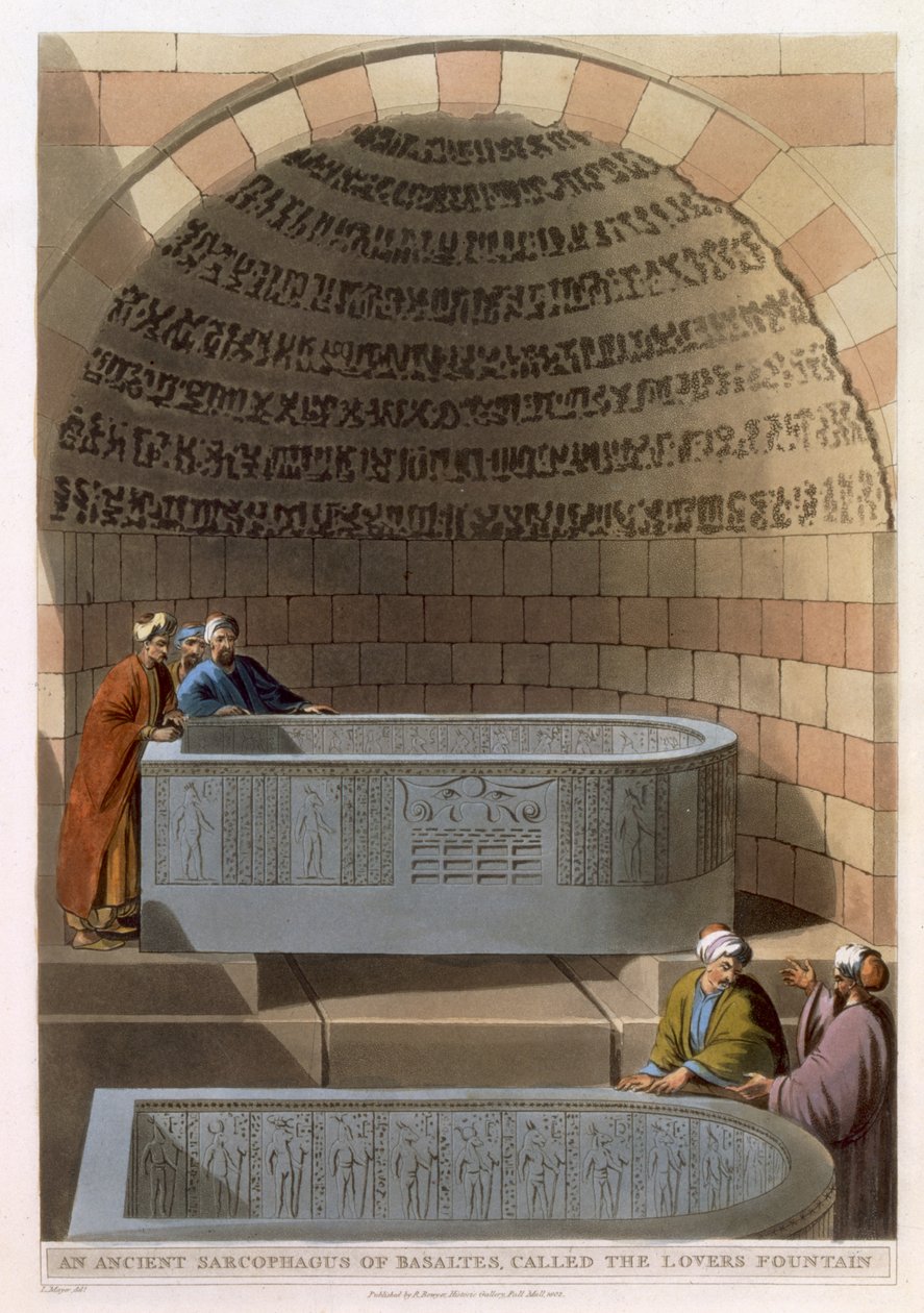 Starożytny sarkofag z Basaltesa, zwany Fontanną Kochanków, tablica 10 z „Widoków w Egipcie”, rycina Thomasa Miltona (1743-1827) wyd. Robert Bowyer (1758-1834) 1802 (akwatinta) autorstwa Luigi Mayer