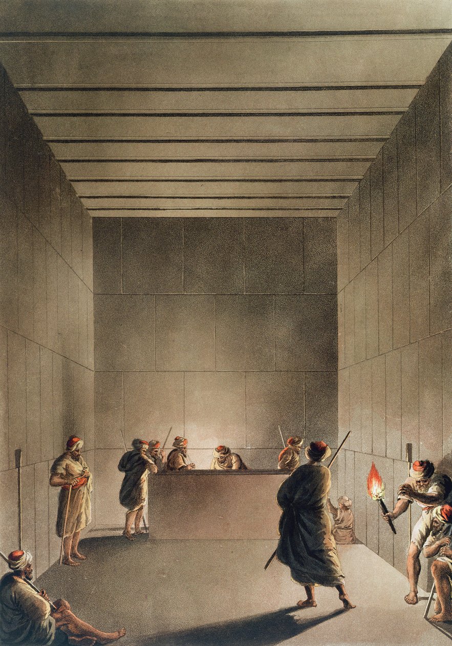 Komora i sarkofag w Wielkiej Piramidzie w Gizie, tablica 6 z "Widoków w Egipcie", rytował Thomas Milton (1743-1827), wyd. Robert Bowyer (1758-1834) 1801 (akwatinta) autorstwa Luigi Mayer