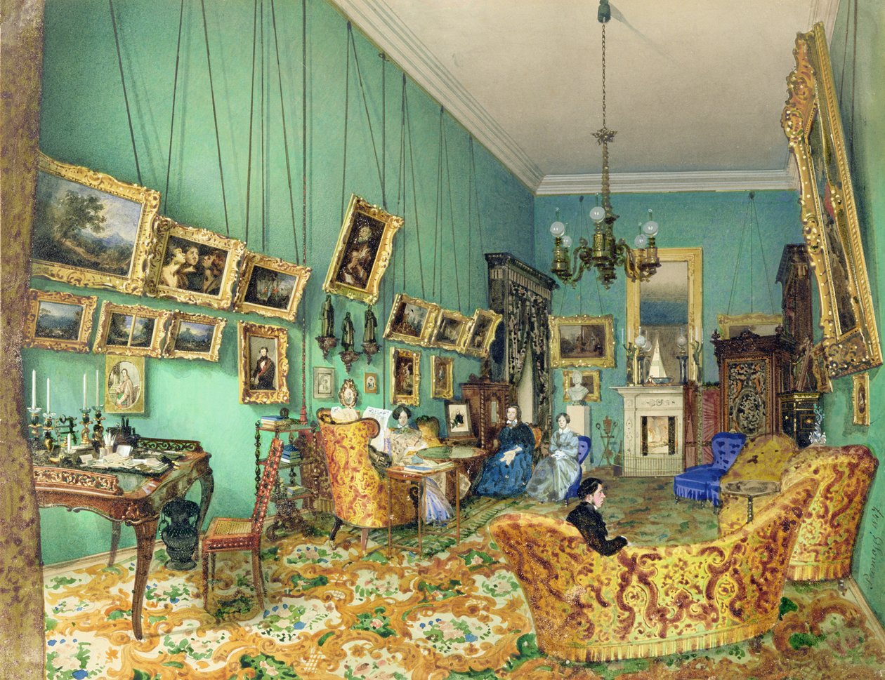 Wnętrze salonu, 1847 (akwarela i biały kolor na papierze) autorstwa Luigi Premazzi