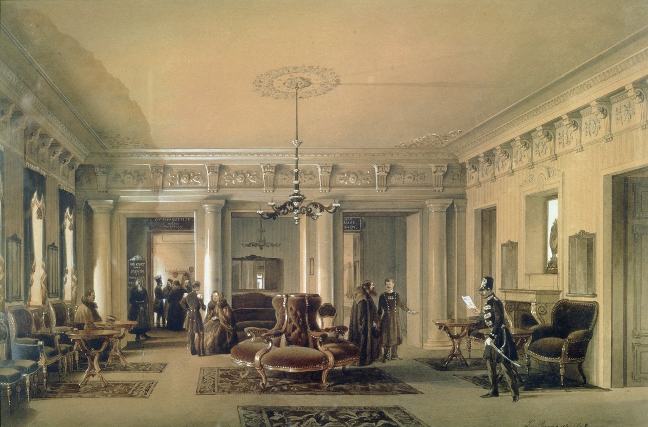 په سینټ پیټرزبرګ کې د سټیجکوچ سټیشن د انتظار خونه، 1848 (په کاغذ کې wc und gouache)poli autorstwa Luigi Premazzi