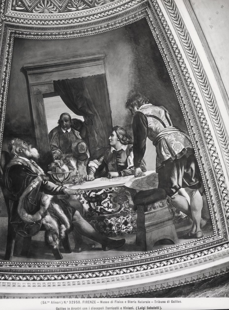 Galileo Galilei (1564-1642) w Arcetri ze swoimi uczniami Evangelista Torricelli (1608-47) i Vincenzo Viviani (1622-1703) z trybuny Galileusza autorstwa Luigi Sabatelli