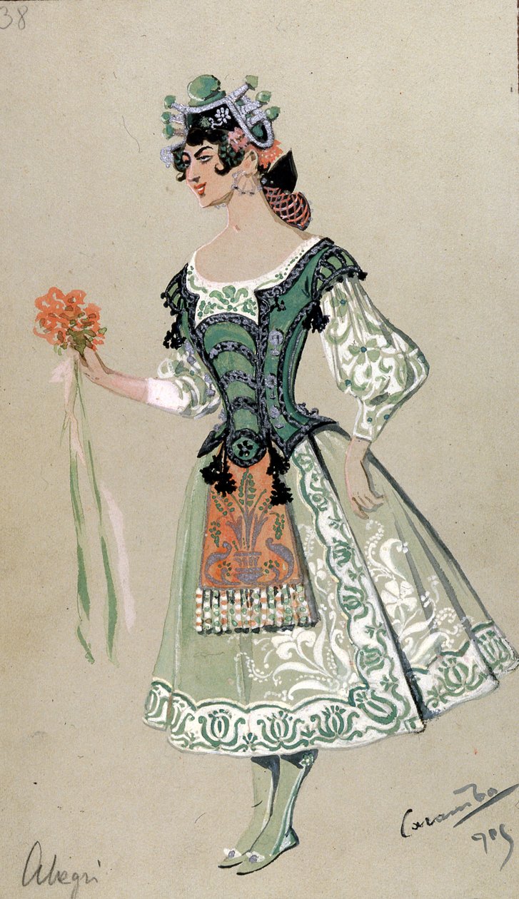 Projekt kostiumu dla Barbariny z „Wesela Figara” Wolfganga Amadeusza Mozarta, 1905 autorstwa Luigi Sapelli Caramba