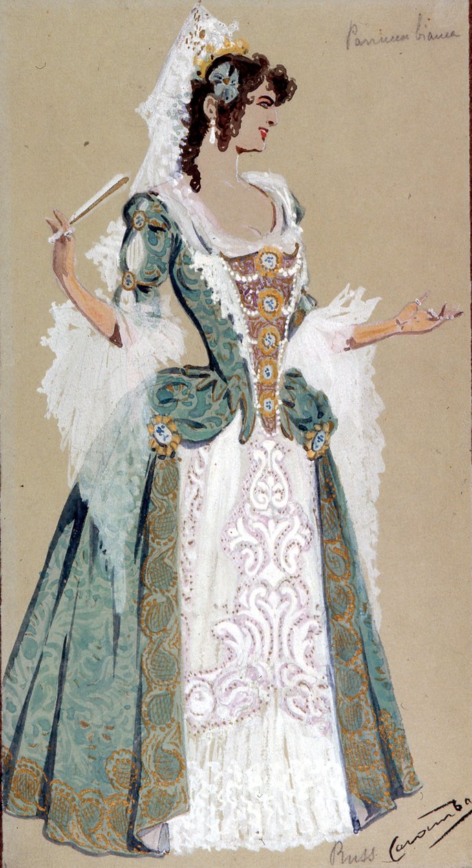 Projekt kostiumu dla hrabiny Almavivy z Wesela Figara, 1905 autorstwa Luigi Sapelli Caramba