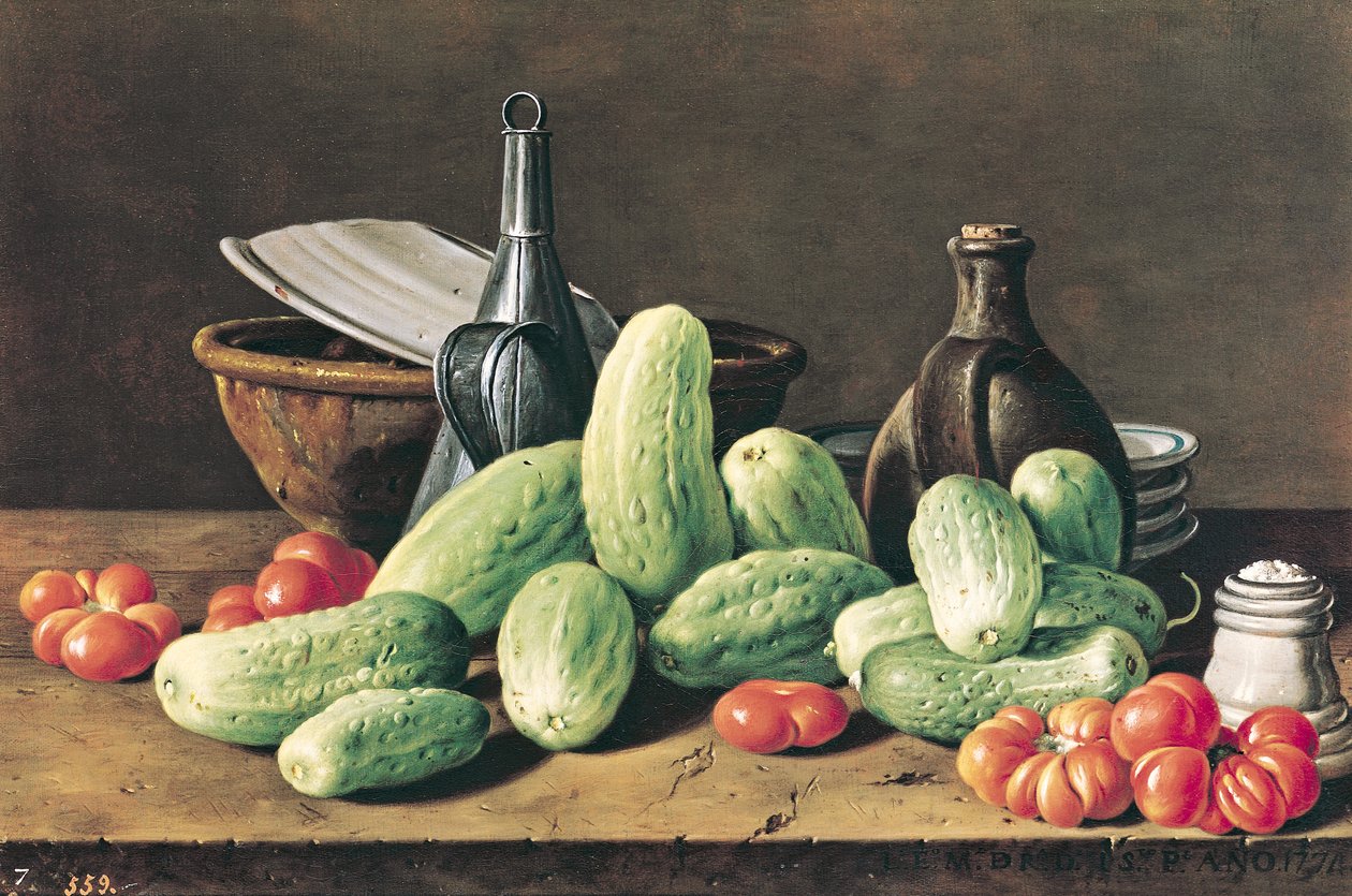 Martwa natura z ogórkami i pomidorami autorstwa Luis Egidio Melendez