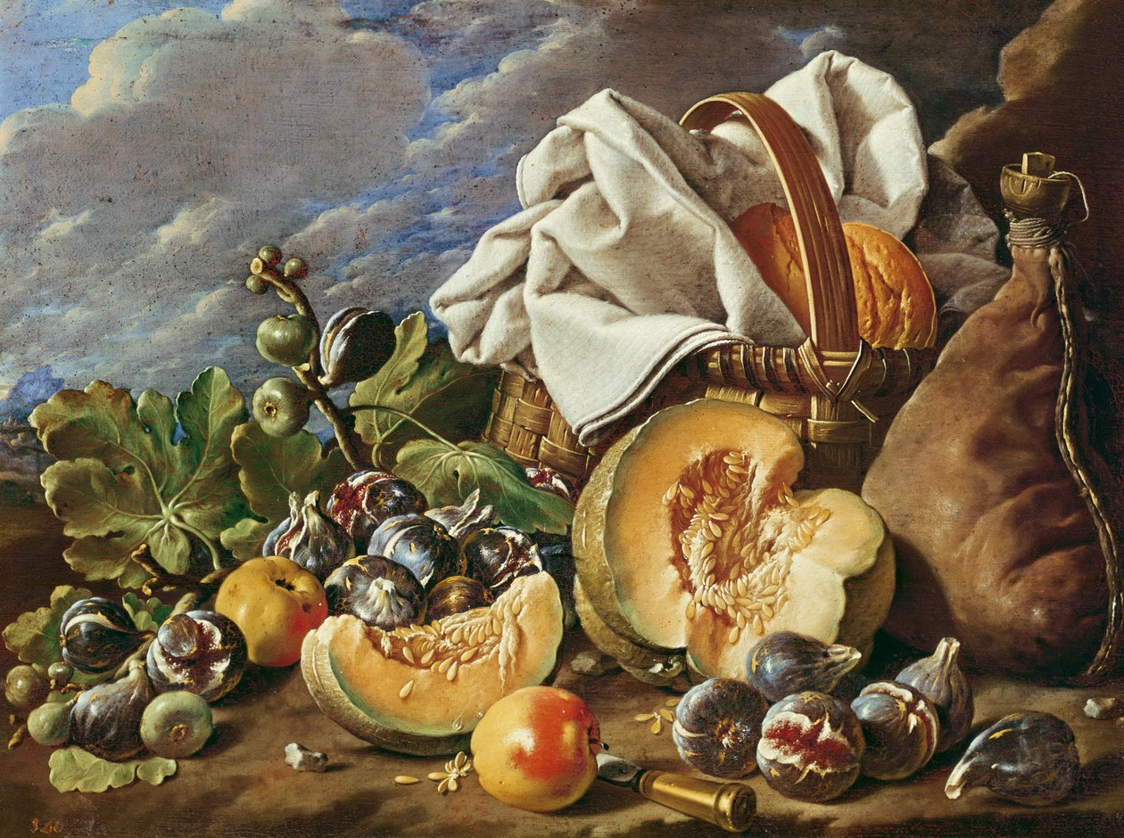 Martwa natura z figami, wiklinowym koszem, dynią, chlebem, skórką do wina i nożem autorstwa Luis Egidio Melendez