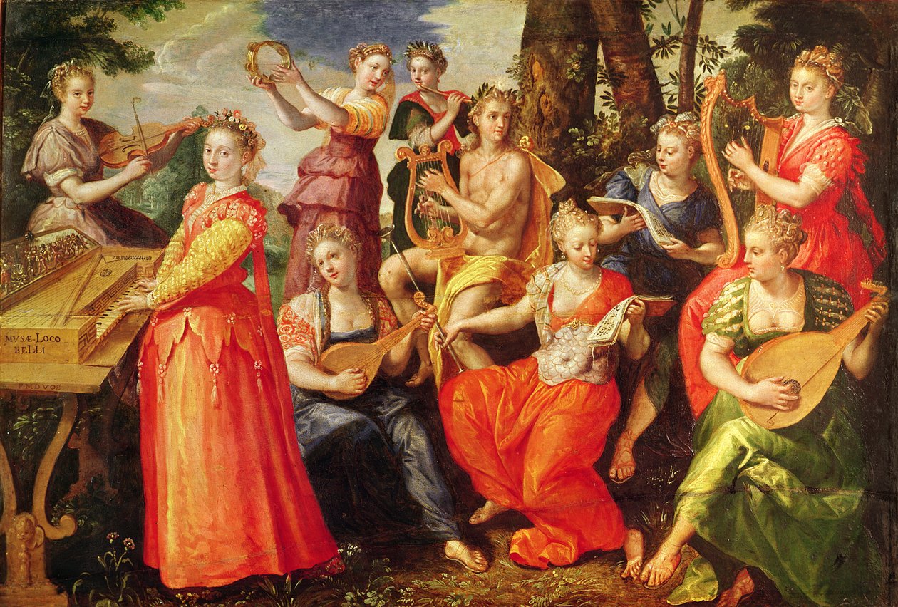 Apollo i Muzy (olej na drewnie) autorstwa Maarten de Vos