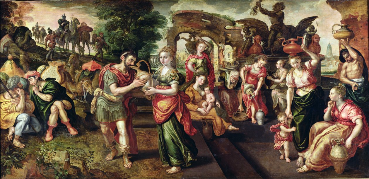 Eliezer i Rebecca przy studni, 1562 autorstwa Maarten de Vos
