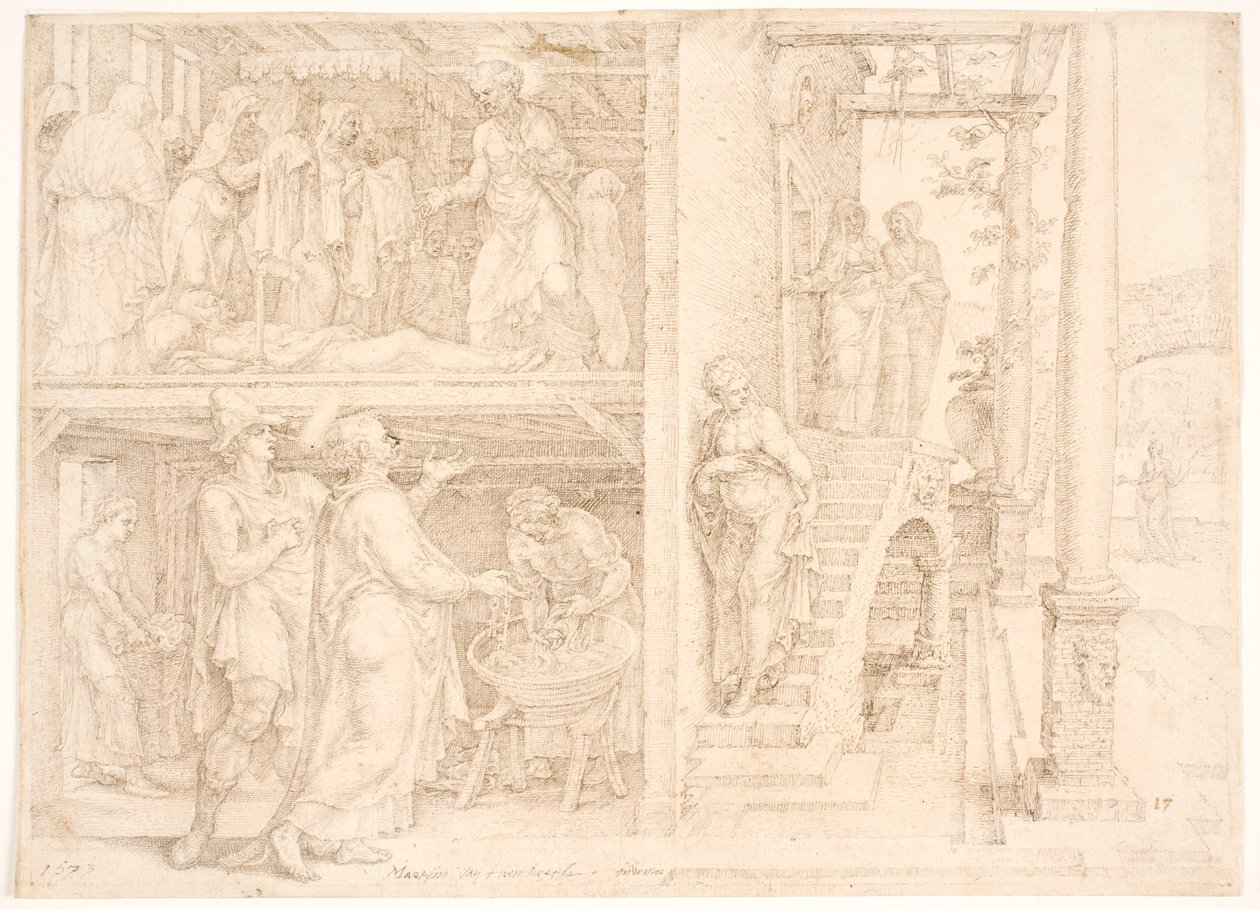 Piotr budzi Tabithę autorstwa Maarten van Heemskerck