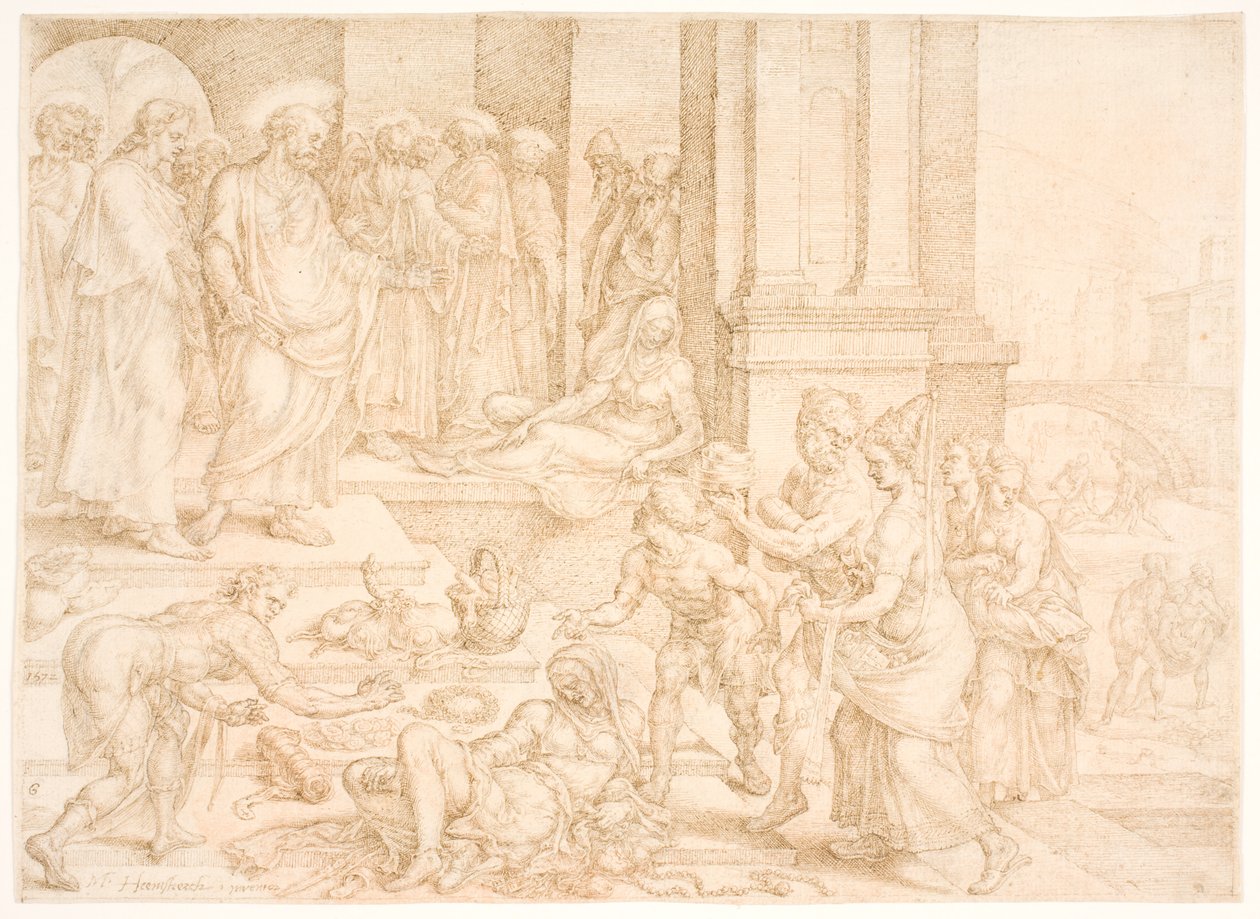 Śmierć Saphiry autorstwa Maarten van Heemskerck