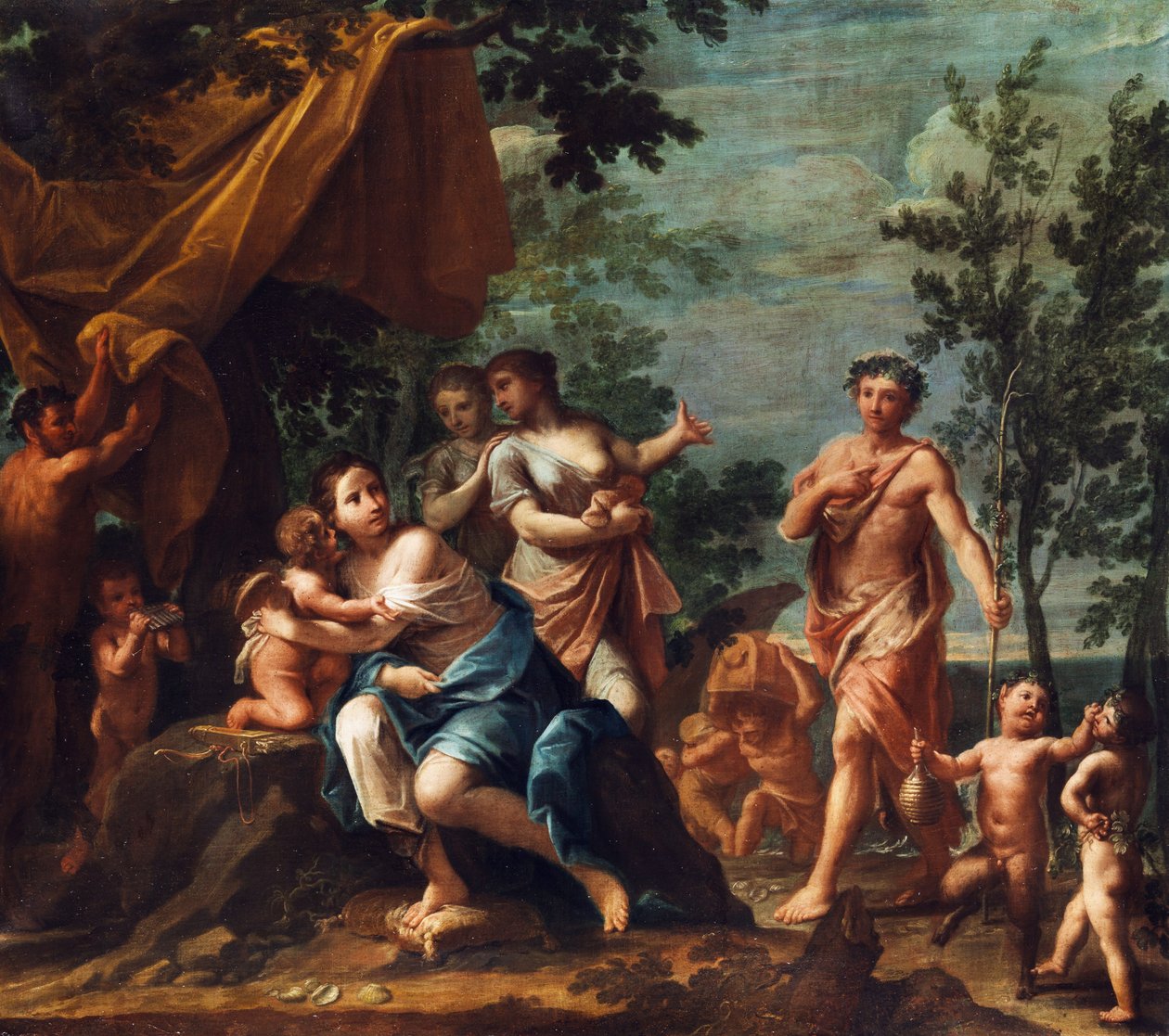 Apollo jako pasterz zbliża się do trzech Gracji, z Wenus, Kupidynem, Kupidynami, Panem i Pandziećmi. autorstwa Marcantonio Franceschini