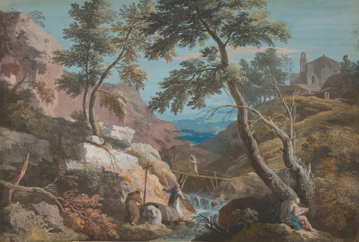 Pejzaż górski z pustelnikami, ca. 1700-1730. autorstwa Marco Ricci