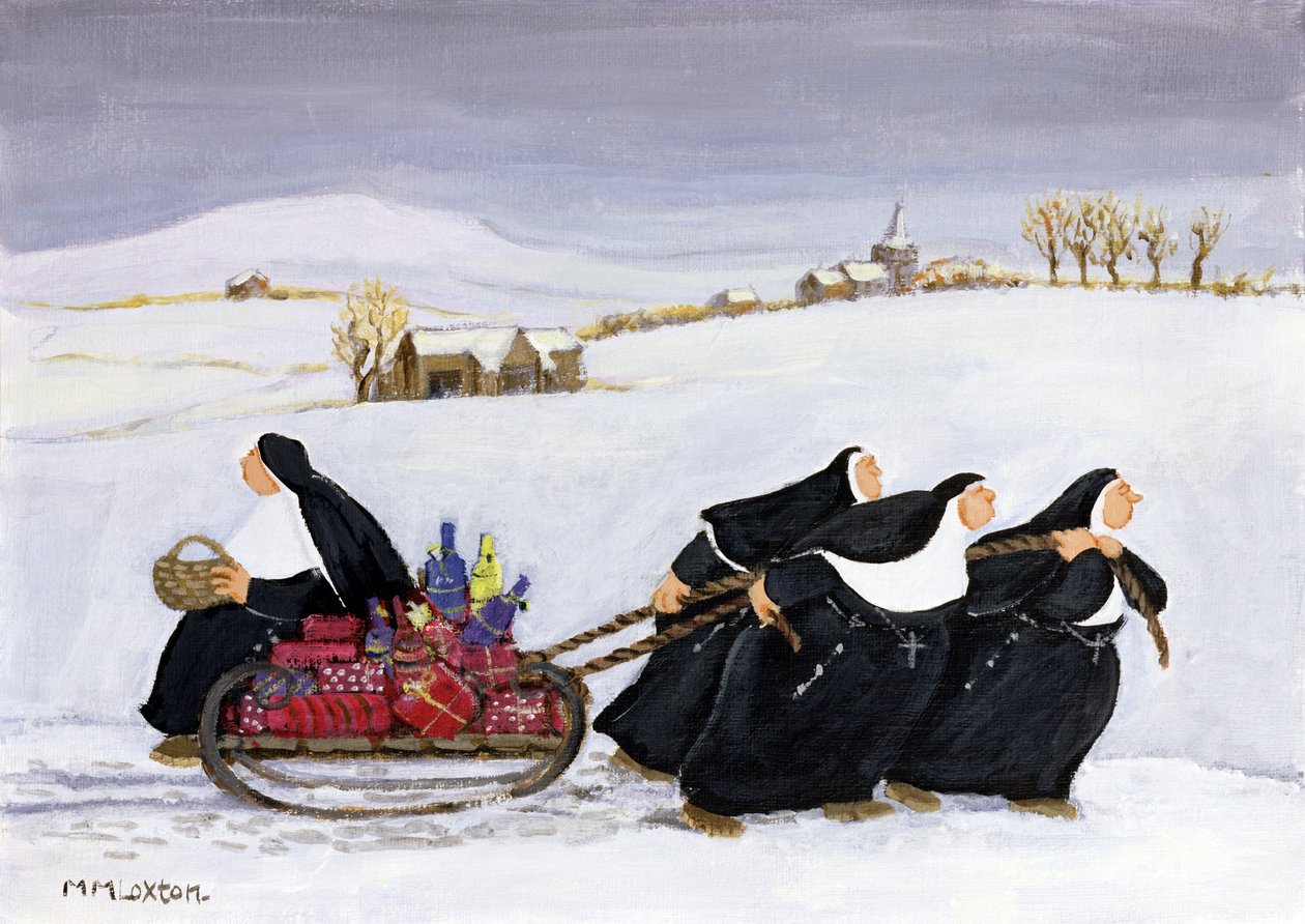 Zjazd na sankach (olej na papierze) autorstwa Margaret Loxton