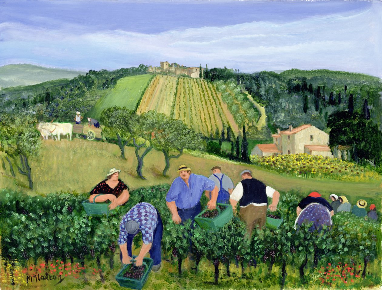 Winnica, oliwki i słoneczniki (olej na płótnie) autorstwa Margaret Loxton