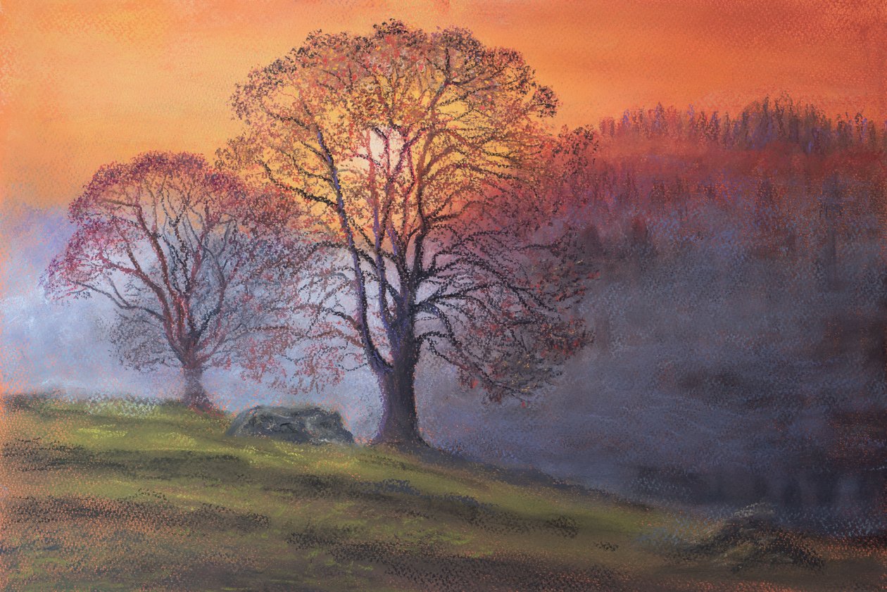 Słońce przez wczesną mgłę, 2020 (pastel) autorstwa Margo Starkey