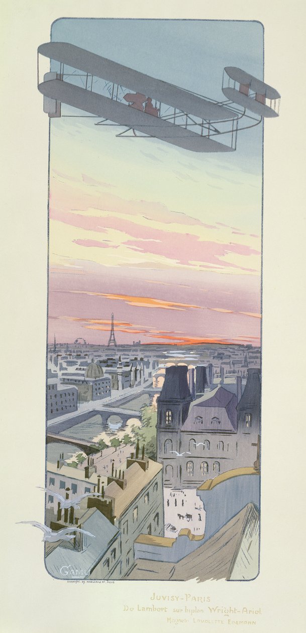 Komtur Charles de Lambert lecący dwupłatowcem Wright-Ariel, Juvisy, Paryż, opublikowane przez Mabileau, Paryż, 1914 (pochoir print) autorstwa Marguerite Montaut