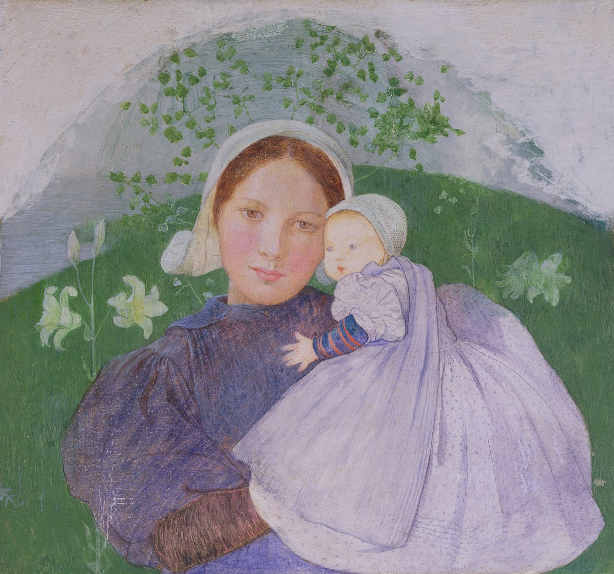 Matka z dzieckiem, ok. 1899 (tempera i gesso na płycie) autorstwa Marianne Stokes