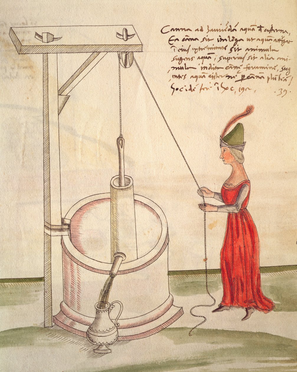 Kobieta czerpiąca wodę ze studni, ilustracja z "De Machinis" (pióro, tusz i wc na papierze) autorstwa Mariano di Jacopo