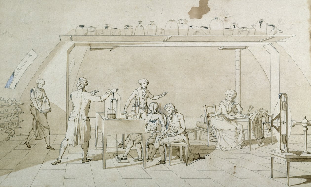 Antoine Lavoisier (1743-94) i jego eksperymenty na temat oddychania (pióro, tusz i sepia na papierze) autorstwa Marie Anne Pierrette Lavoisier