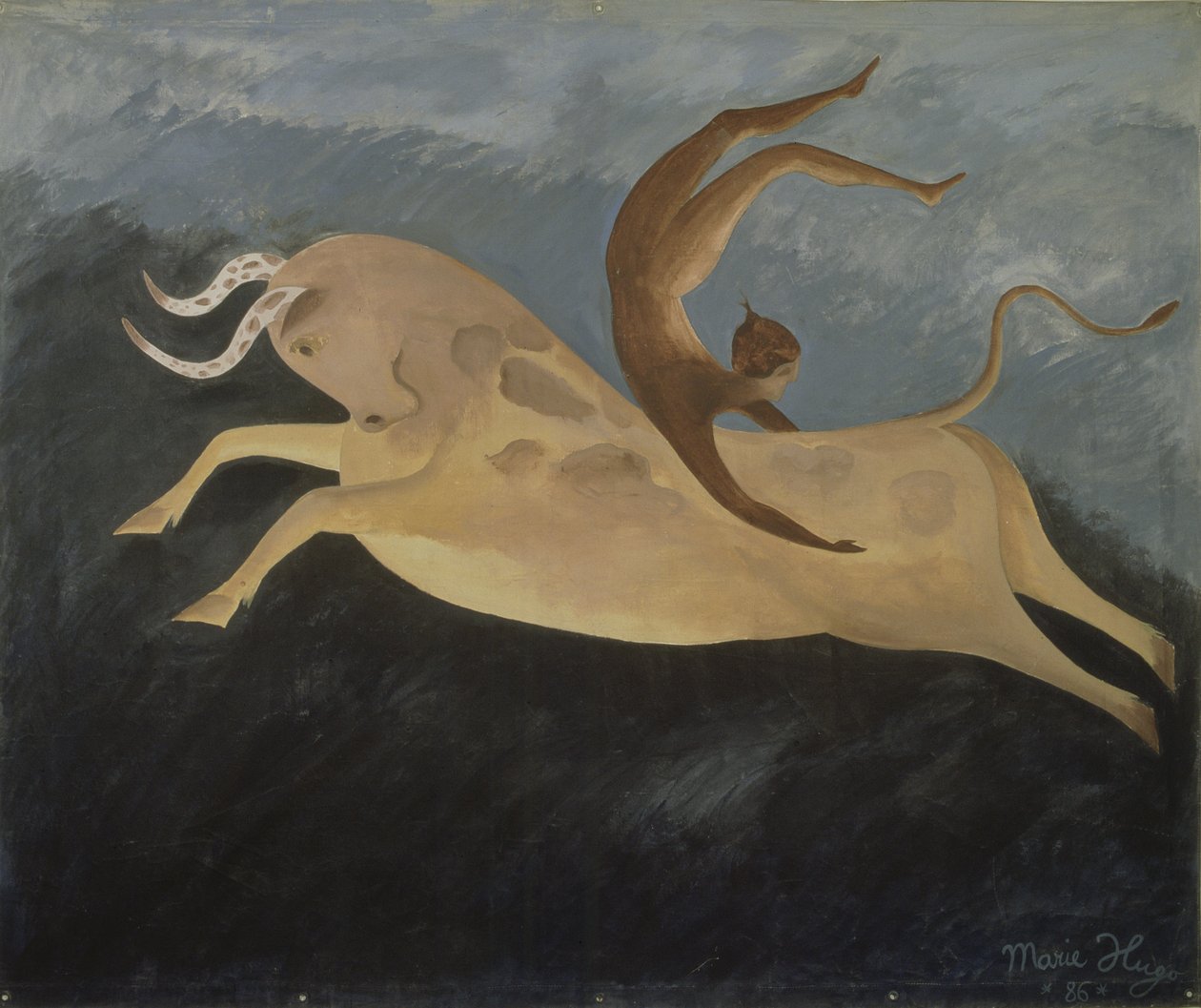 Byk z kreteńską tancerką, 1987 (akryl na płótnie) autorstwa Marie Hugo