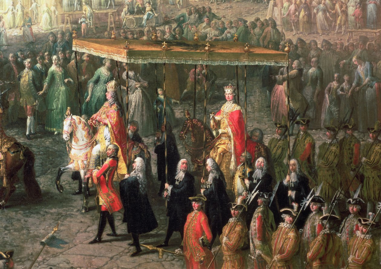 Procesja koronacyjna Józefa II (1741-90) cesarza Niemiec, Romerberg, 1764 (detal 66718) autorstwa Martin II Mytens or Meytens