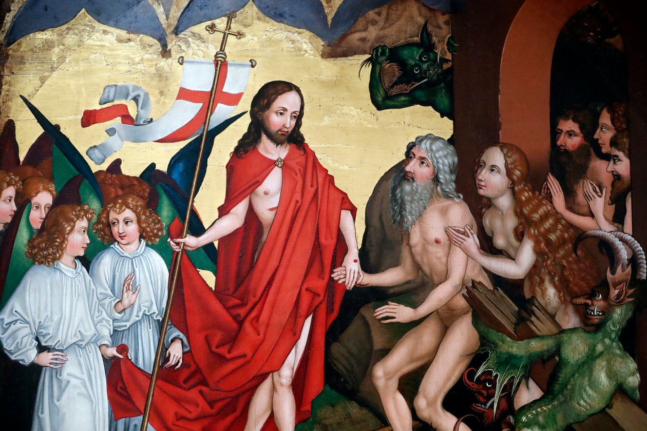 Przy zmartwychwstaniu Jezus wyciąga Adama i Ewę z grobów autorstwa Martin Schongauer